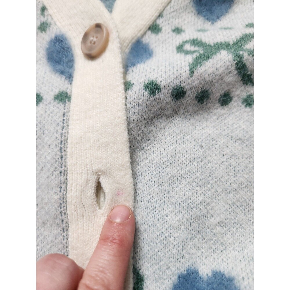 Girlish Heart Bow Cardigan Sweater Blue Cream Button Up Soft Knit Womens XL GUC - Picture 9 of 11